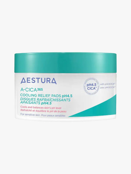 Aestura A-Cica365 Cooling Relief Toner Pads pH4.5 in branded tub component on a light gray background