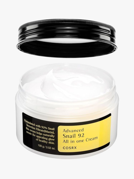 COSRX Snail Mucin 92% Face Moisturizer in branded tub component on a light gray background